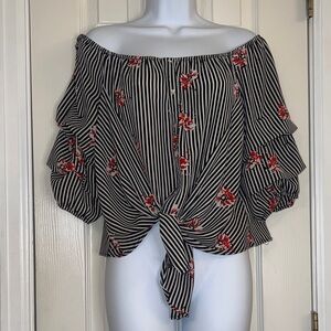 Elegant Off-Shoulder Striped Blouse with Red Floral Design with gathered sleeve.